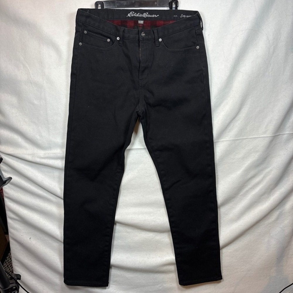Eddie Bauer Flannel Lined Pants Mens 34x32 Black Straight‎ Leg Plaid